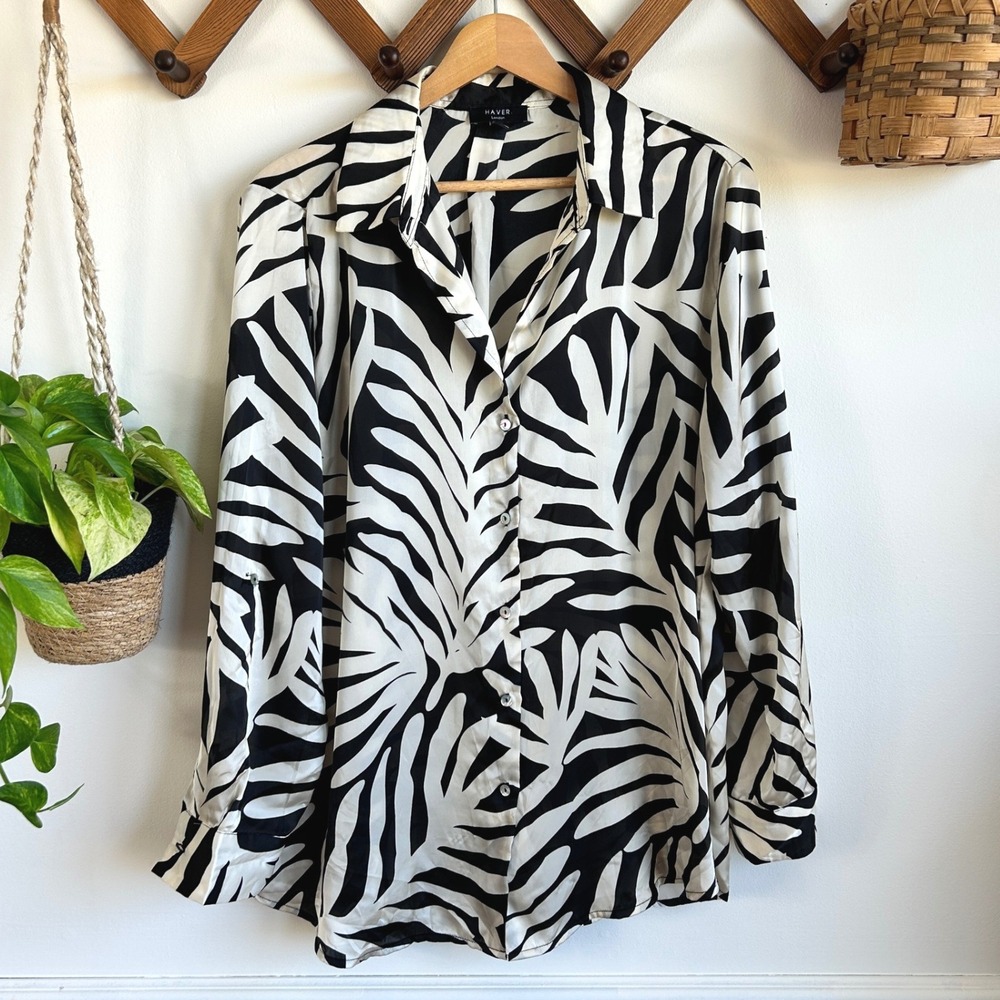 Haver London Black White Zebra Abstract Print Button Down Blouse Medium Career
